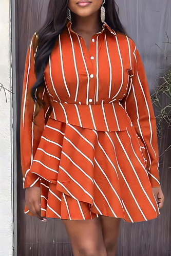 Orange Casual Striped Print Patchwork Turndown Collar Dresses