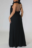 Black Casual Solid Patchwork Backless Fold Stringy Selvedge Halter Straight Dresses
