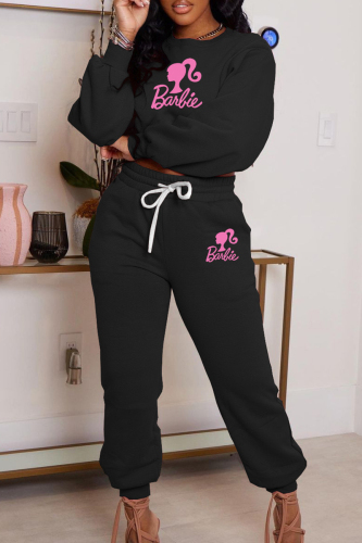 Black Casual Letter Print Basic O Neck Long Sleeve Two Pieces