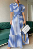 Stripe Elegant Print Buckle With Belt Turndown Collar A Line Dresses