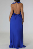 Blue Casual Solid Patchwork Backless Fold Stringy Selvedge Halter Straight Dresses