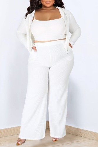 White Casual Solid Patchwork Hooded Collar Plus Size Three Piece Set