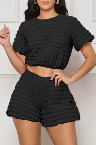 Black Casual Solid Basic O Neck Short Sleeve Two Pieces