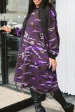 Purple Street Print Camouflage Print Hollowed Out Patchwork O Neck Straight Plus Size Dresses