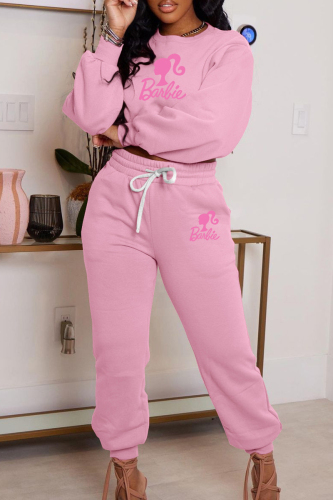Pink Casual Letter Print Basic O Neck Long Sleeve Two Pieces