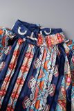 Blue Casual Print Patchwork Fold Turtleneck Long Sleeve Dresses