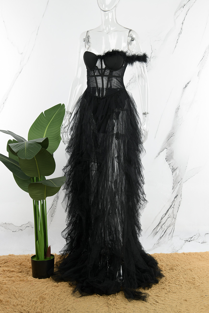 Black Sexy Patchwork Solid See-through Backless Off the Shoulder Homecoming Dress Y2525