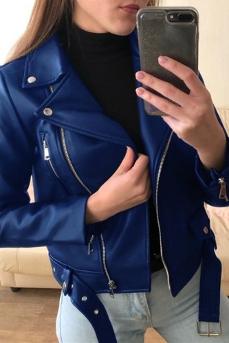 Blue Casual Solid Patchwork Cardigan Turndown Collar Outerwear