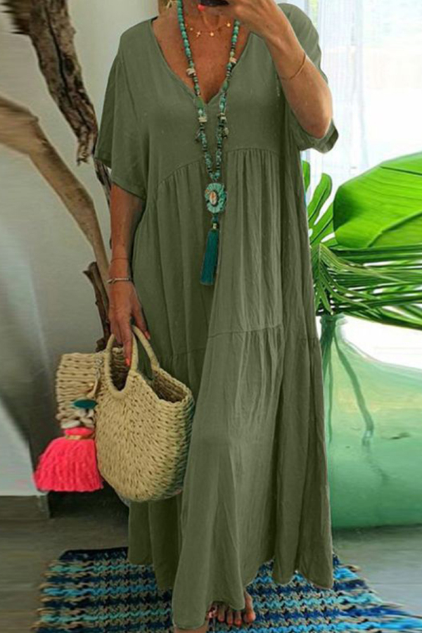 Dark Green Plus Size Casual College Solid Asymmetrical V Neck Short Sleeve Dress