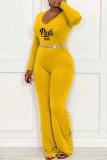 Yellow Casual Print Letter V Neck Jumpsuits(Without Waist Chain)