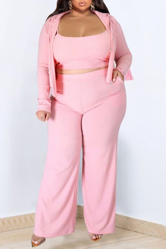 Pink Casual Solid Patchwork Hooded Collar Plus Size Three Piece Set