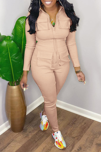 Khaki Casual Solid Patchwork Turndown Collar Regular Jumpsuits