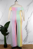 Plus Size Colour Casual Striped Patchwork Backless Off the Shoulder Jumpsuits