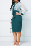 Green Casual Elegant Solid Bandage Hollowed Out Patchwork O Neck One Step Skirt Dresses