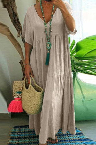 Khaki Plus Size Casual College Solid Asymmetrical V Neck Short Sleeve Dress