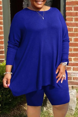 Blue Casual Solid Basic O Neck Plus Size Two Pieces
