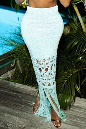 Light Green Casual Solid Tassel Hollowed Out Patchwork Skinny Pencil Solid Color Bottoms