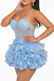 Blue Sweet Daily Party Formal Patchwork Rhinestone Spaghetti Strap Sleeveless Dress Dresses