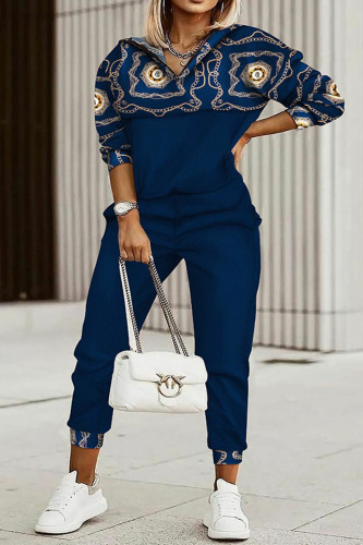 Blue Casual Street Print Patchwork Zipper Collar Plus Size Two Pieces