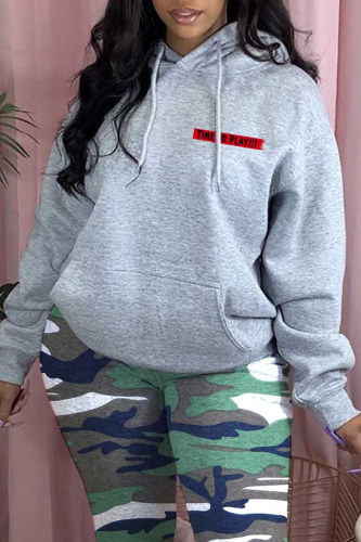 Grey Casual Print Letter Hooded Collar Tops