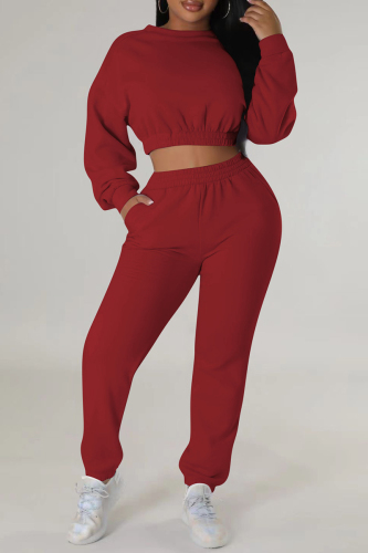 Burgundy Casual Solid Basic O Neck Long Sleeve Two Pieces