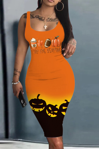 Halloween Costume Tangerine Red Pumpkin Print Sleeveless U Neck Pencil Skirt Bodycon Tank Midi Dress