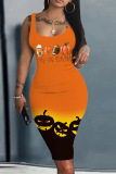 Halloween Costume Tangerine Red Casual Print Basic U Neck Vest Dress Dresses