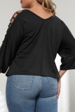 Black Casual Solid Hollowed Out V Neck Plus Size Tops