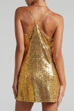 Yellow Sexy Solid Sequins Patchwork Backless V Neck Sling Dress Dresses