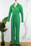 Green Casual Solid Patchwork Turndown Collar Regular Jumpsuits