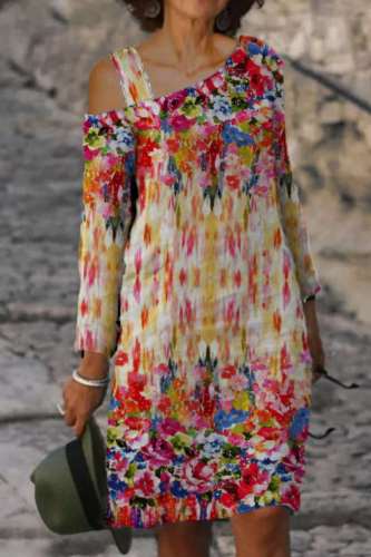 Multicolor Casual Print Patchwork Oblique Collar Dresses