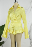 Yellow Casual Solid Patchwork Turndown Collar Long Sleeve Two Pieces (Subject To The Actual Object)
