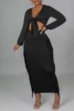 Black Casual Solid Tassel Bandage V Neck Long Sleeve Two Pieces