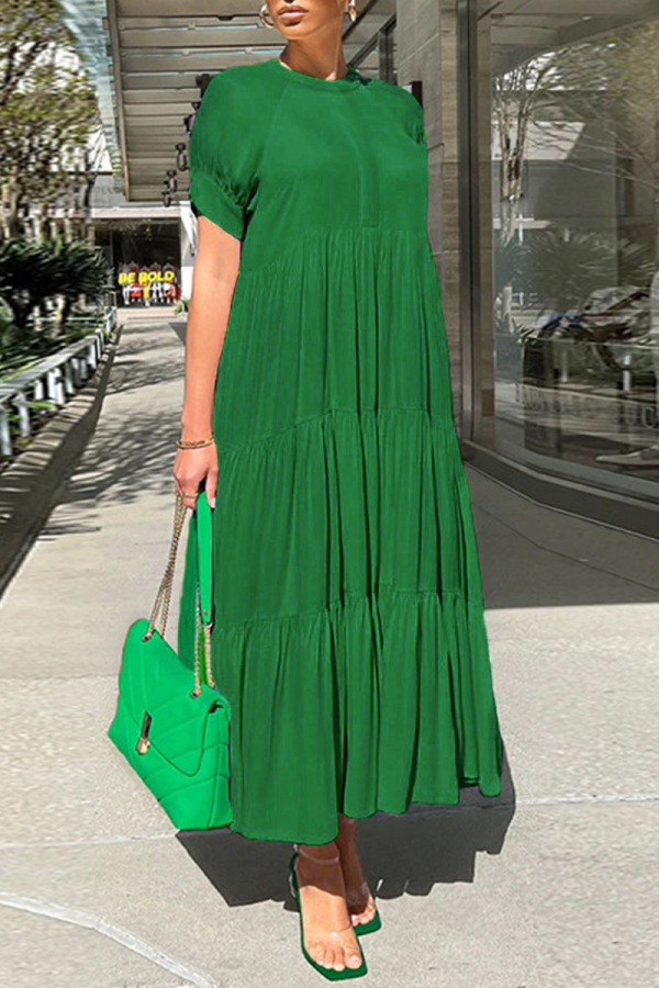 Green Short Sleeve O Neck A Line Casual Loose Vacation Pleated Maxi Dress