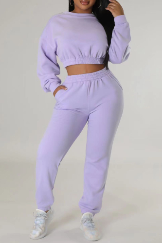 Purple Casual Solid Basic O Neck Long Sleeve Two Pieces