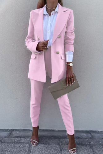 Pink Casual Solid Cardigan Pants Turn-back Collar Long Sleeve Two Pieces
