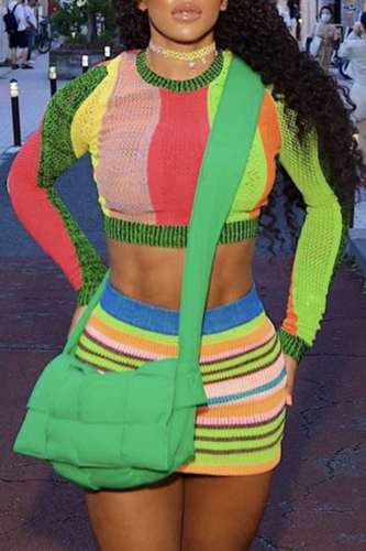 Green Casual Striped Print Basic O Neck Long Sleeve Two Pieces