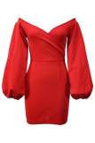 Red Sexy Solid Backless V Neck Long Sleeve Dresses