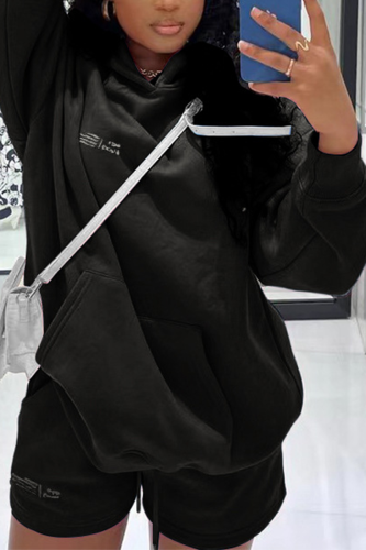 Black Casual Print Patchwork Hooded Collar Long Sleeve Two Pieces