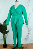 Green Casual Solid Patchwork V Neck Plus Size Two Pieces