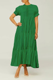 Green Short Sleeve O Neck A Line Casual Loose Vacation Pleated Maxi Dress