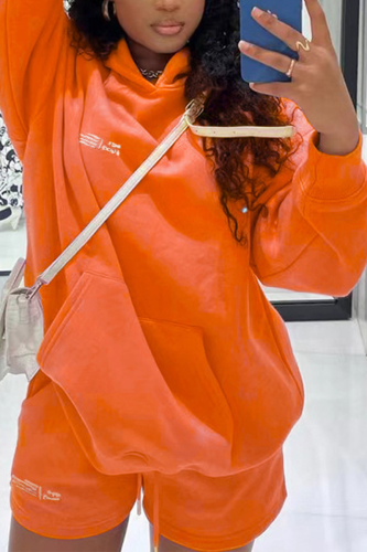 Orange Casual Print Patchwork Hooded Collar Long Sleeve Two Pieces