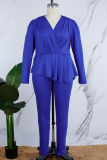 Blue Casual Solid Patchwork V Neck Plus Size Two Pieces