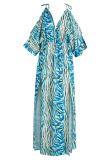 Blue Elegant Print Bandage Patchwork Slit V Neck Straight Dresses