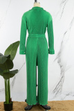 Green Casual Solid Patchwork Turndown Collar Regular Jumpsuits