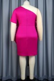 Rose Red Casual Solid Patchwork Oblique Collar Wrapped Skirt Dresses