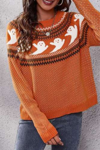 Orange Halloween Ghost Print Crewneck Fitted Graphic Long Sleeve Falll Winter Sweater