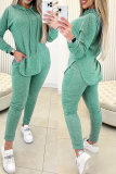 Green Casual Solid Basic Hooded Collar Long Sleeve Two Pieces