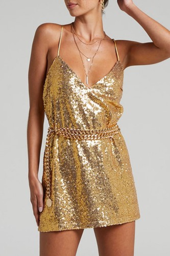 Yellow Sexy Solid Sequins Patchwork Backless V Neck Sling Dress Dresses