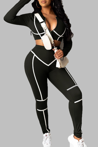Black Sexy Casual Solid Patchwork Contrast Zipper O Neck Long Sleeve Two Pieces